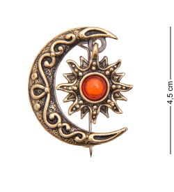 AM-3503 Брошь «Солнце в луне» (латунь, янтарь)