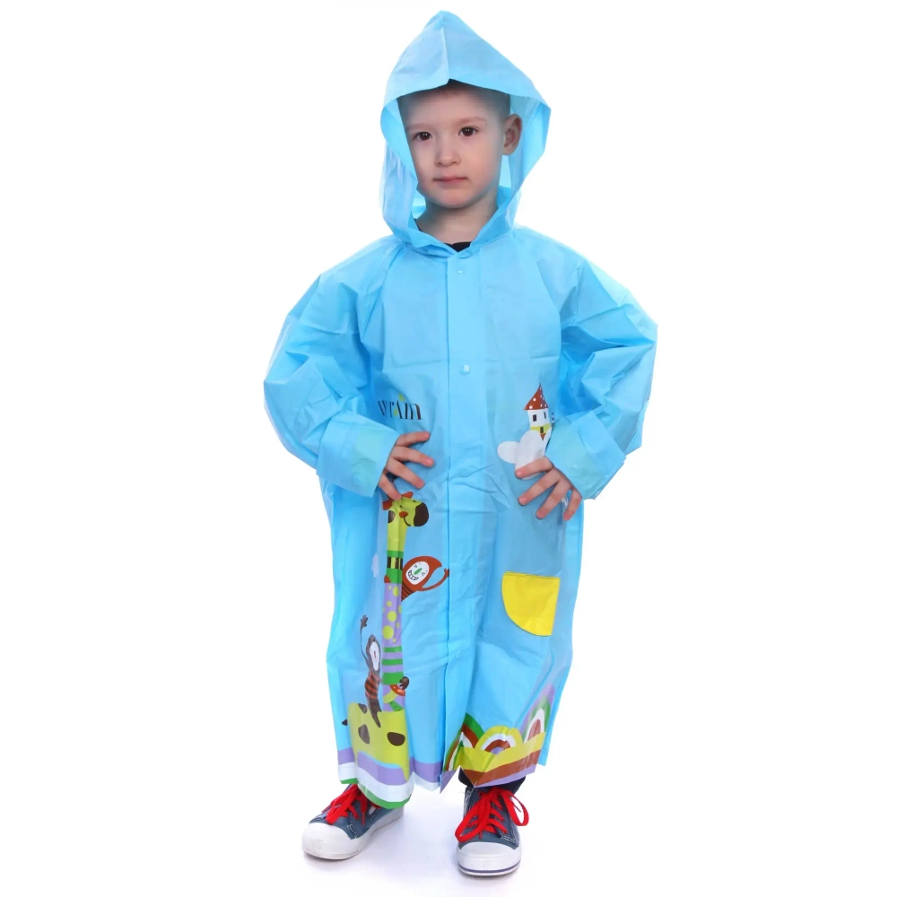Дождевик-плащ детский «Веселые приключения-Жирафик» с капюшоном,регулир.манжет, цвет голубой, размер M(73*50см) ДоброСад