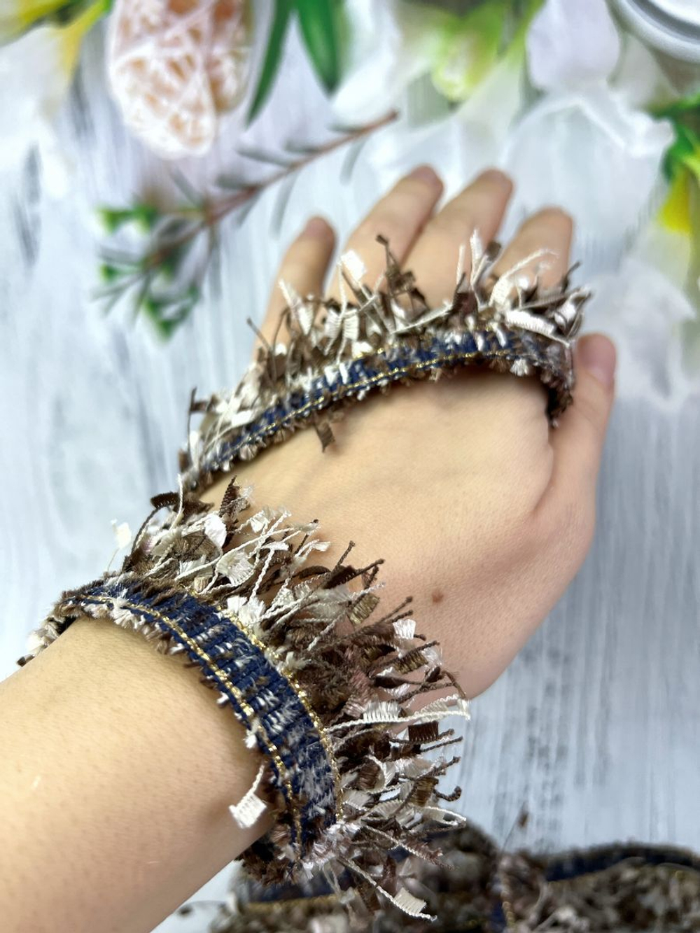 Тесьма с бахромой твидовая букле травка 35мм (1,5м в уп)