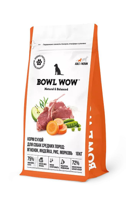 BOWL WOW корм для собак всех пород сухой, с ягнёнком, рисом и морковью, 10 кг