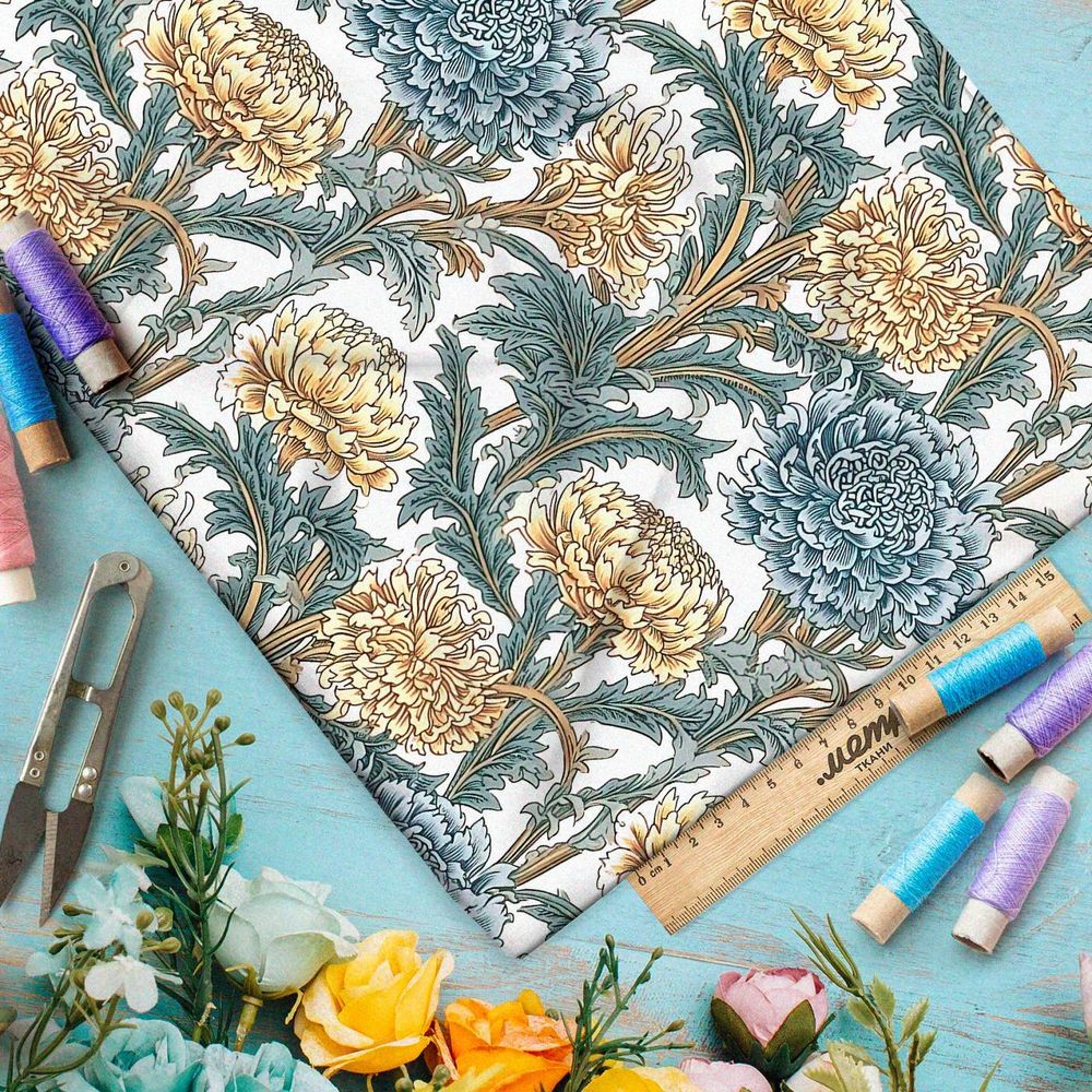 Ткань премиум сатин графические хризантемы