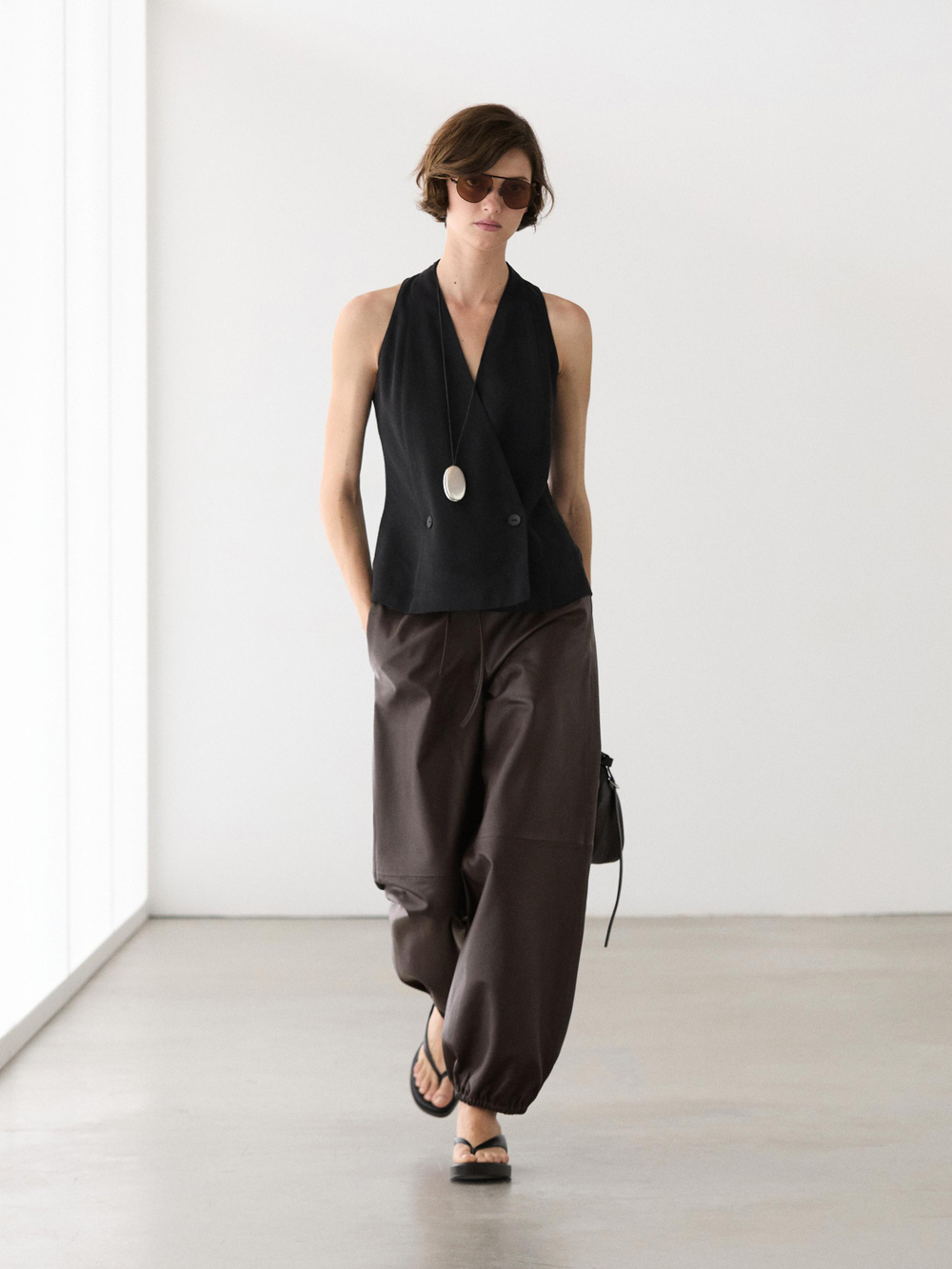 Massimo Dutti Брюки саруэль из кожи наппа, коричневый