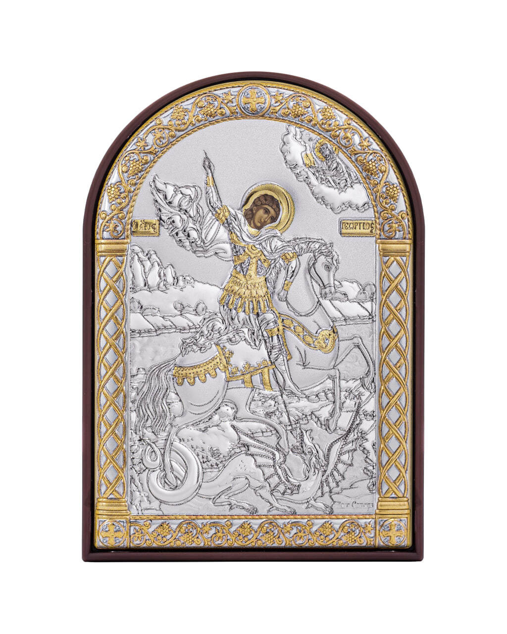 Георгий Победоносец, икона арочная, пластик коричневый 80х115