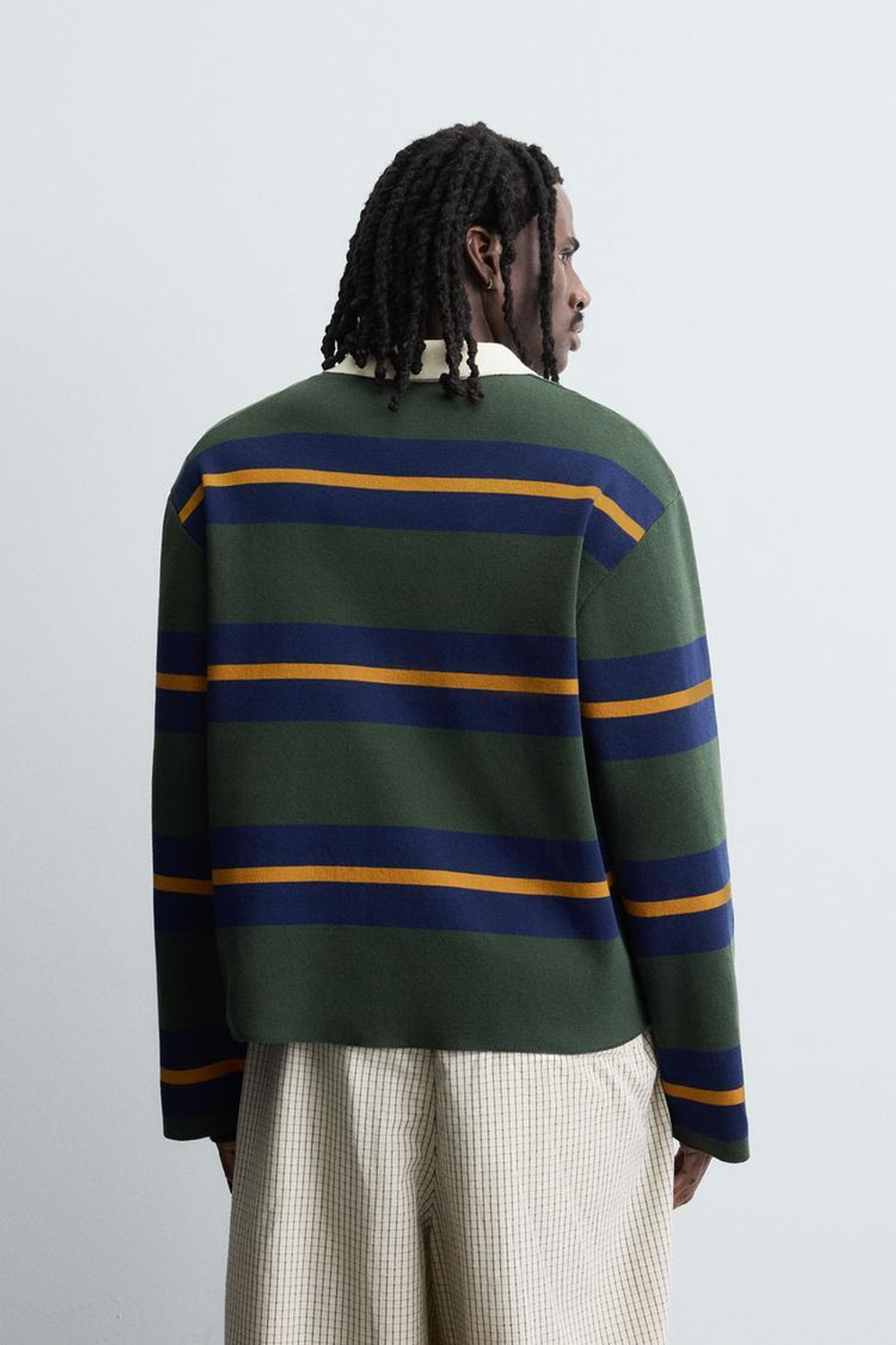 ZARA ТРИКОТАЖНОЕ ПОЛО В ПОЛОСКУ С КОНТРАСТНЫМ ВОРОТНИКОМ, ЗЕЛЕНЫЙ