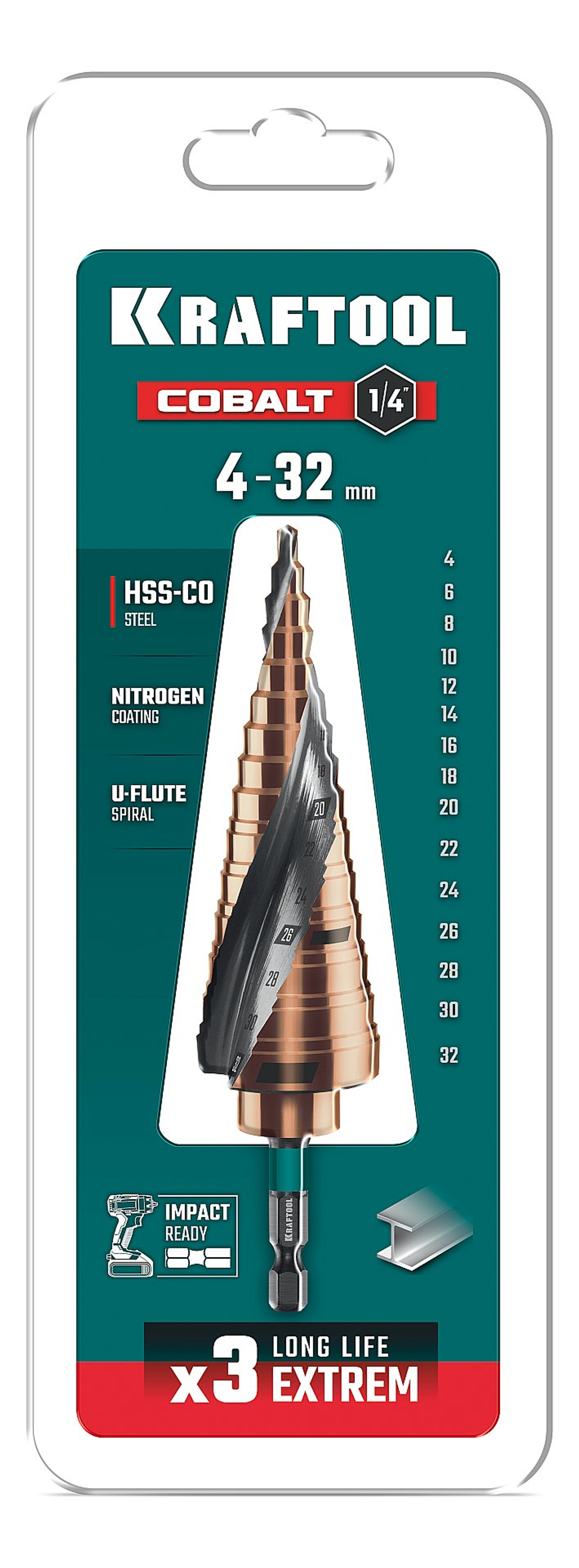 KRAFTOOL COBALT 4-32мм, 15 ступеней, азотирование, винтовая спираль, сверло ступенчатое(29691-4-32-15)