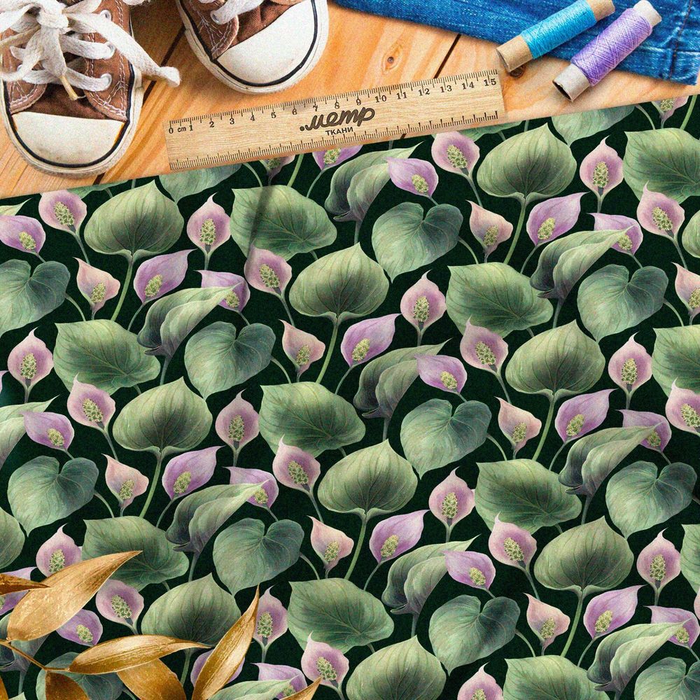 Ткань габардин мягкие розовые кувшинки на тёмно-зелёном фоне