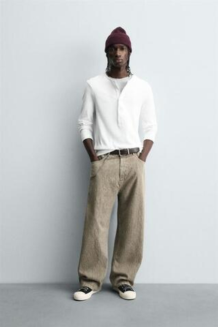 ZARA БРЮКИ BAGGY FIT С ПРИНТОМ И ЭФФЕКТОМ ПОТЕРТОСТИ, СВЕТЛЫЙ ХАКИ