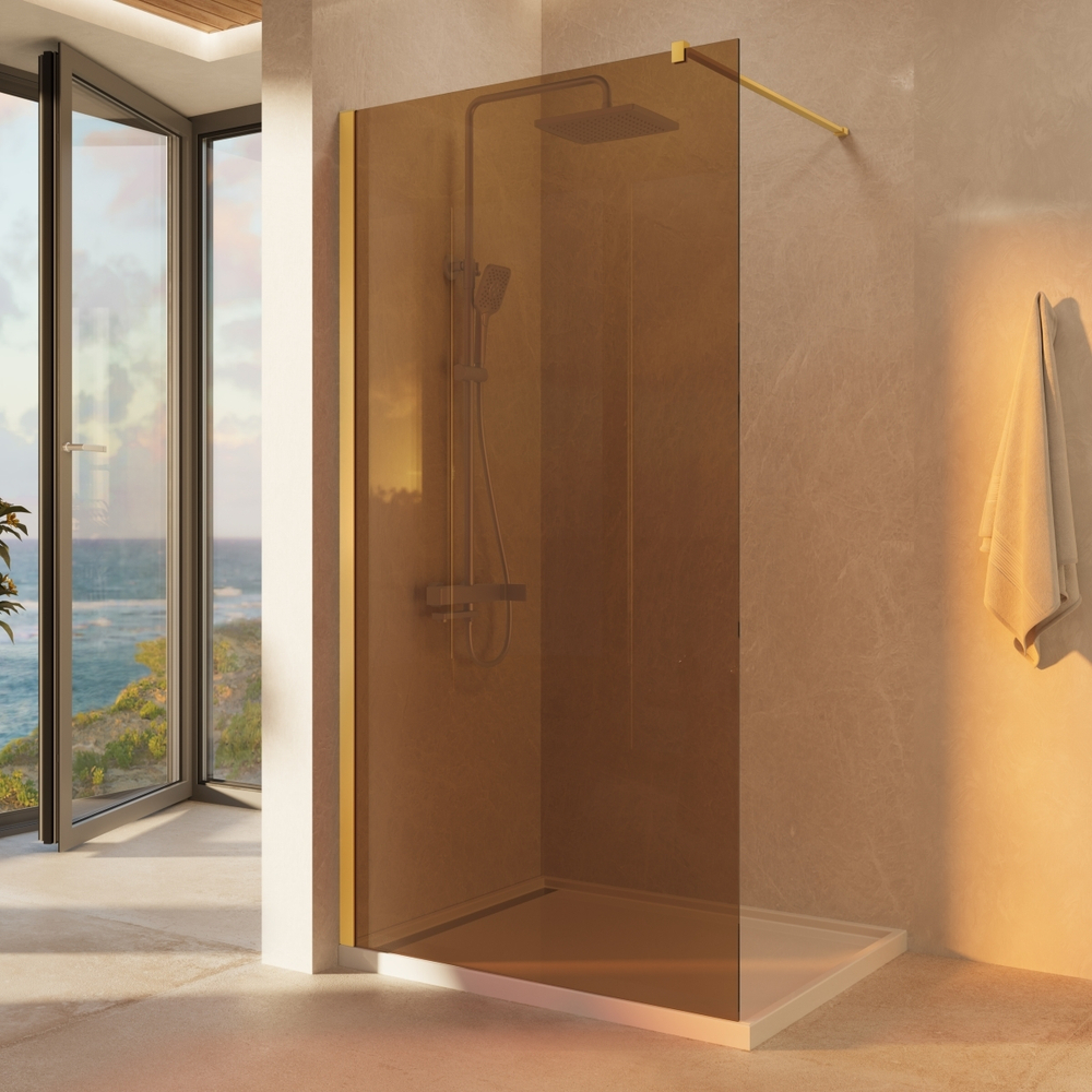 Душевая перегородка Walk-In VSW-1H100GSG, 1000*2000, матовый золотой, стекло янтарь
