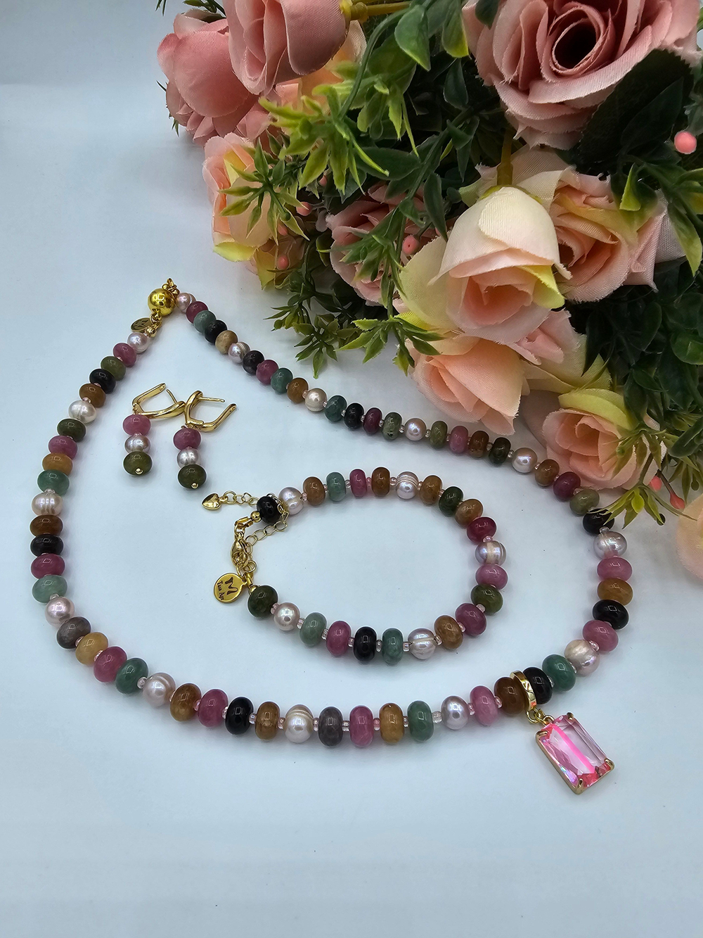 Комплект украшений авторский из Турмалина "Тропический закат". Колье и браслет.