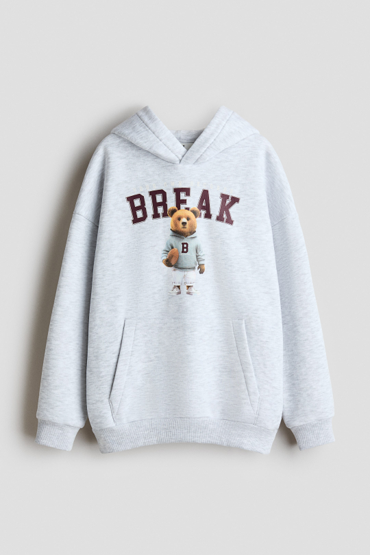 H&M Толстовка с капюшоном и принтом, светло-серый меланж