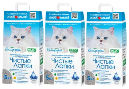 Наполнитель Чистые Лапки комкующийся Комфорт, 3 шт - 5 кг
