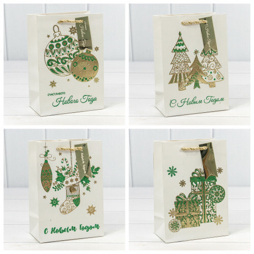 Пакет подарочный 14 х 20 х 8 см Набор 4 шт "Новый год" (Белый)