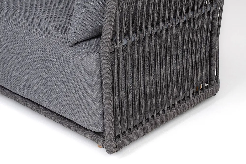 "Лугано" диван 3-местный плетеный из роупа, каркас алюминий темно-серый (RAL7024) муар, роуп темно-серый круглый, ткань темно-серая YB25-0027