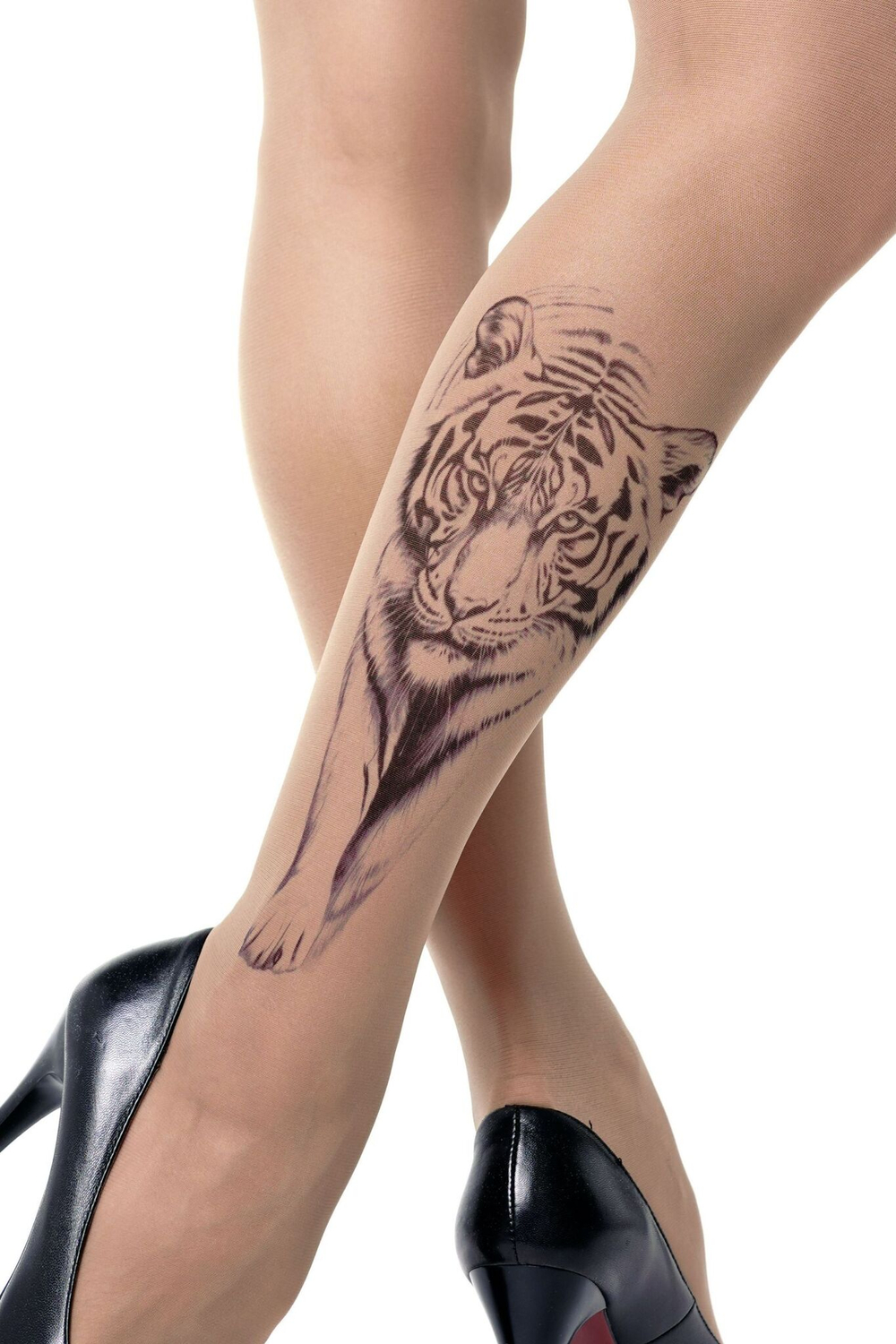 Колготки с принтом-тату в виде крадущегося тигра (Размер: S-M-L) (Цвет: бежевый)