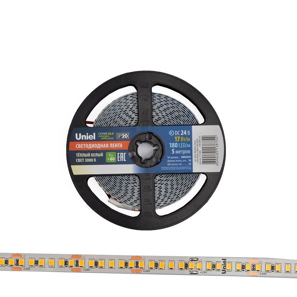 ULS-2835-180LED-m-10mm-IP20-DC24V-17W-m-5M-3000K Гибкая светодиодная лента на самоклеящейся основе. Катушка 5м. в герметичной упаковке. Теплый белый свет3000К. ТМ Uniel