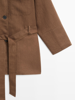 Massimo Dutti Льняной блейзер с карманами и поясом, коричневый