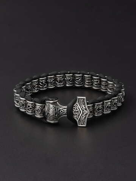 Браслет Футарк из серебра 925 пробы с молотом Тора скандинавский оберег