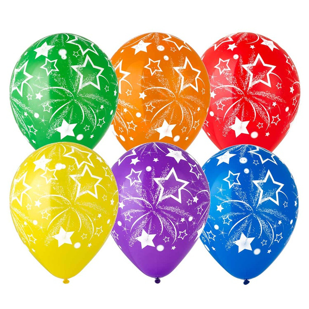 Шар латексный 30см Звезды Салют (Ассорти)
