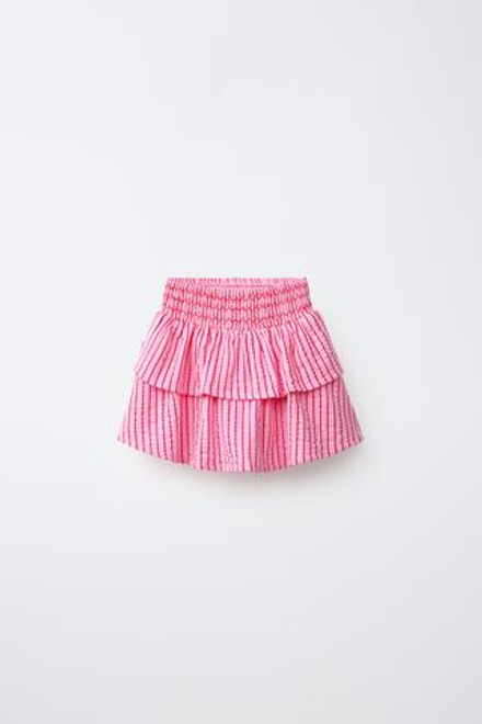 ZARA ЮБКА В ПОЛОСКУ С ВОЛАНАМИ, РОЗОВЫЙ