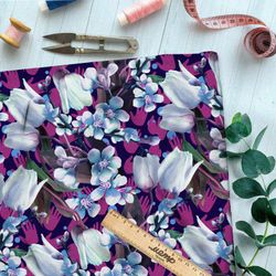 Ткань дюспо живые тюльпаны и сирень на сиреневом фоне