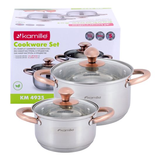 Набор кастрюль 4 предмета Kamille KM 4935 (1,5 л; 3 л.) из нержавеющей стали с ручками под медь