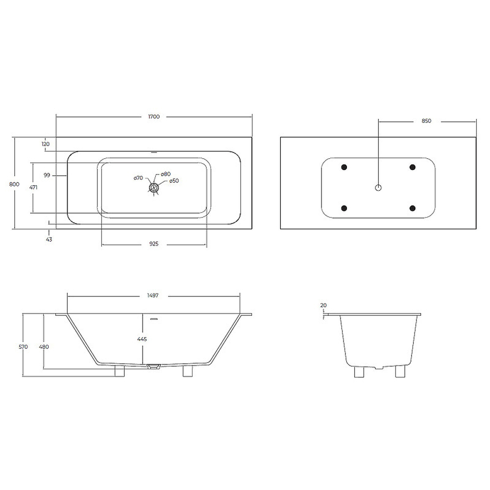 Ванна из искусственного камня Cezares Slider 170x80 CZR-SLIDER-170-80-57-SSB Белая матовая без гидромассажа