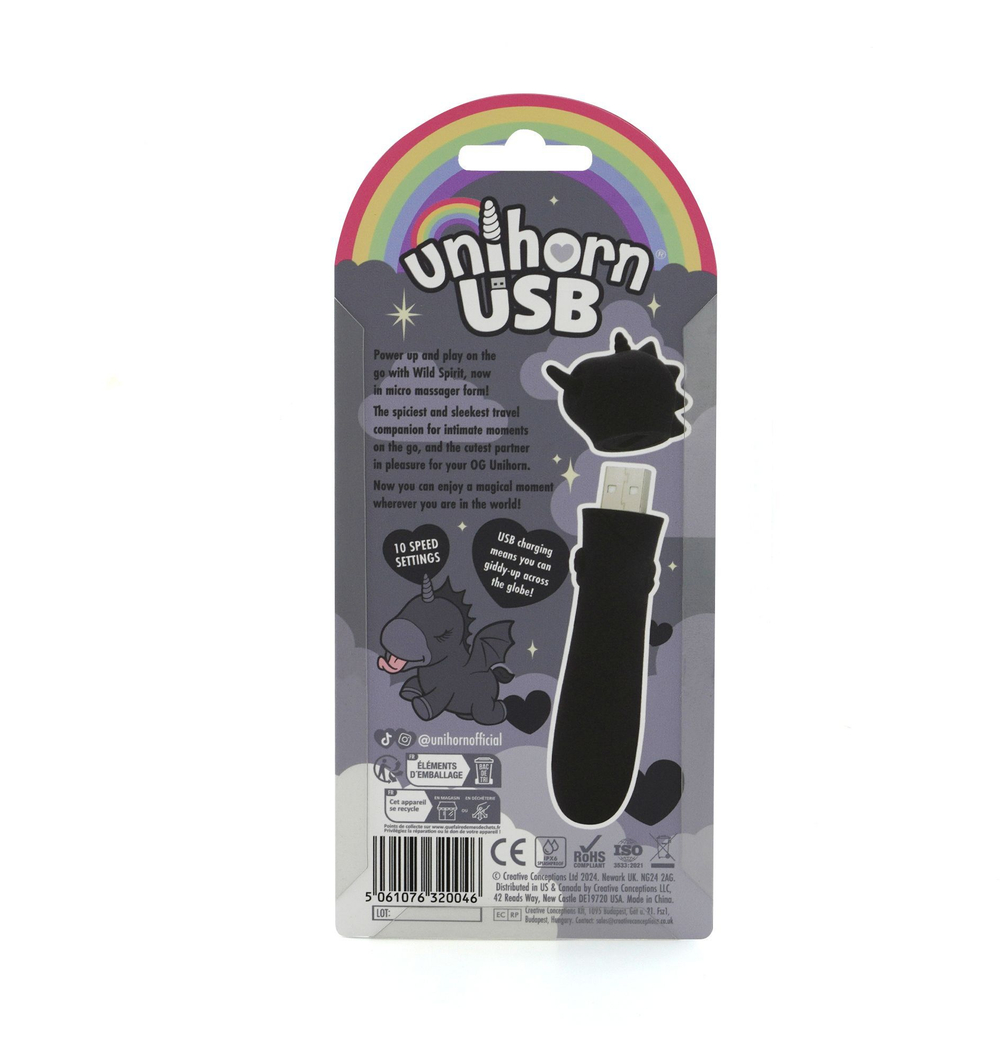 Черная вибропуля Unihorn USB Wild Spirit со стимуляцией язычком