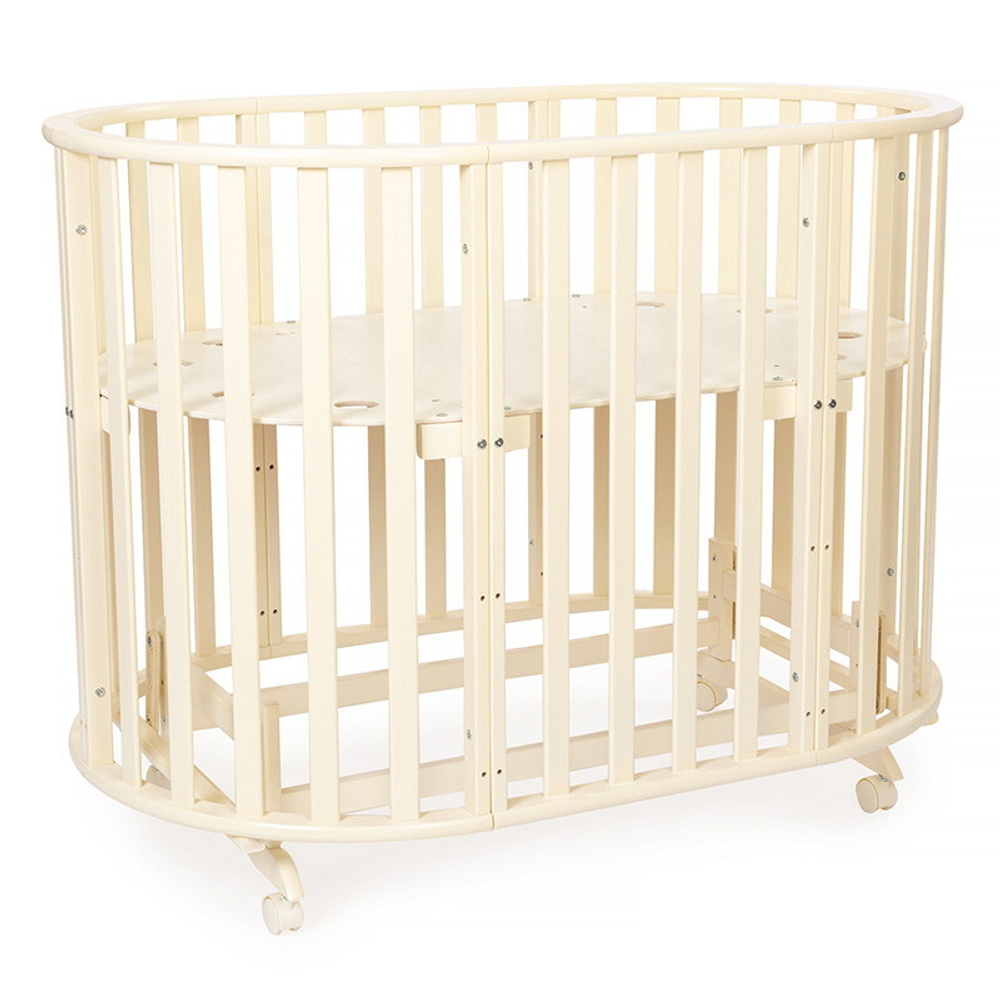 Кроватка-трансформер овальная Vikalex Лоди маятник на колёсах слоновая кость
