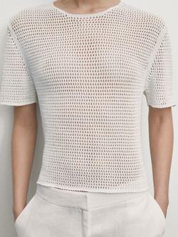 Massimo Dutti Перфорированный свитер с короткими рукавами, натуральный, кремовый