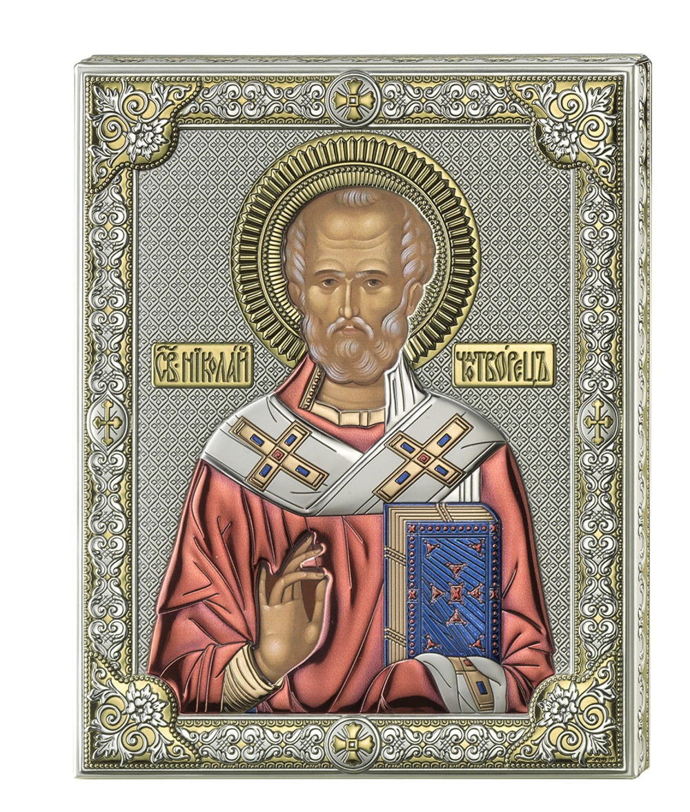 Серебряная икона Святой Николай (цветной лак)