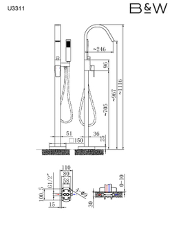 Смеситель для ванны Black&White Universe отдельностоящий, серебристый хром (U3311)