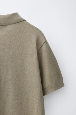 ZARA ПОЛО ИЗ ХЛОПКА И ЛЬНА В ПОЛОСКУ, СВЕТЛЫЙ ХАКИ