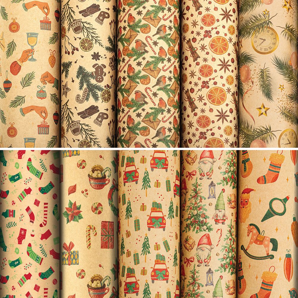Бумага упаковочная новогодняя "Christmas Kraft", 70х100 см, 10 дизайнов ассорти, ЗОЛОТАЯ СКАЗКА, 592053, 1шт