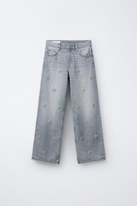 ZARA ДЖИНСЫ ШИРОКОГО КРОЯ СО СТРАЗАМИ И ЖЕМЧУЖИНАМИ, СИНИЙ