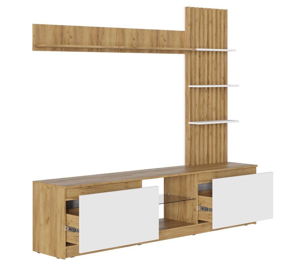 Стенка под телевизор в гостиную Дуб Крафт Золотой/Мдф Белый Глянец, Бостон, 210х41,3х191,4 см Стиль