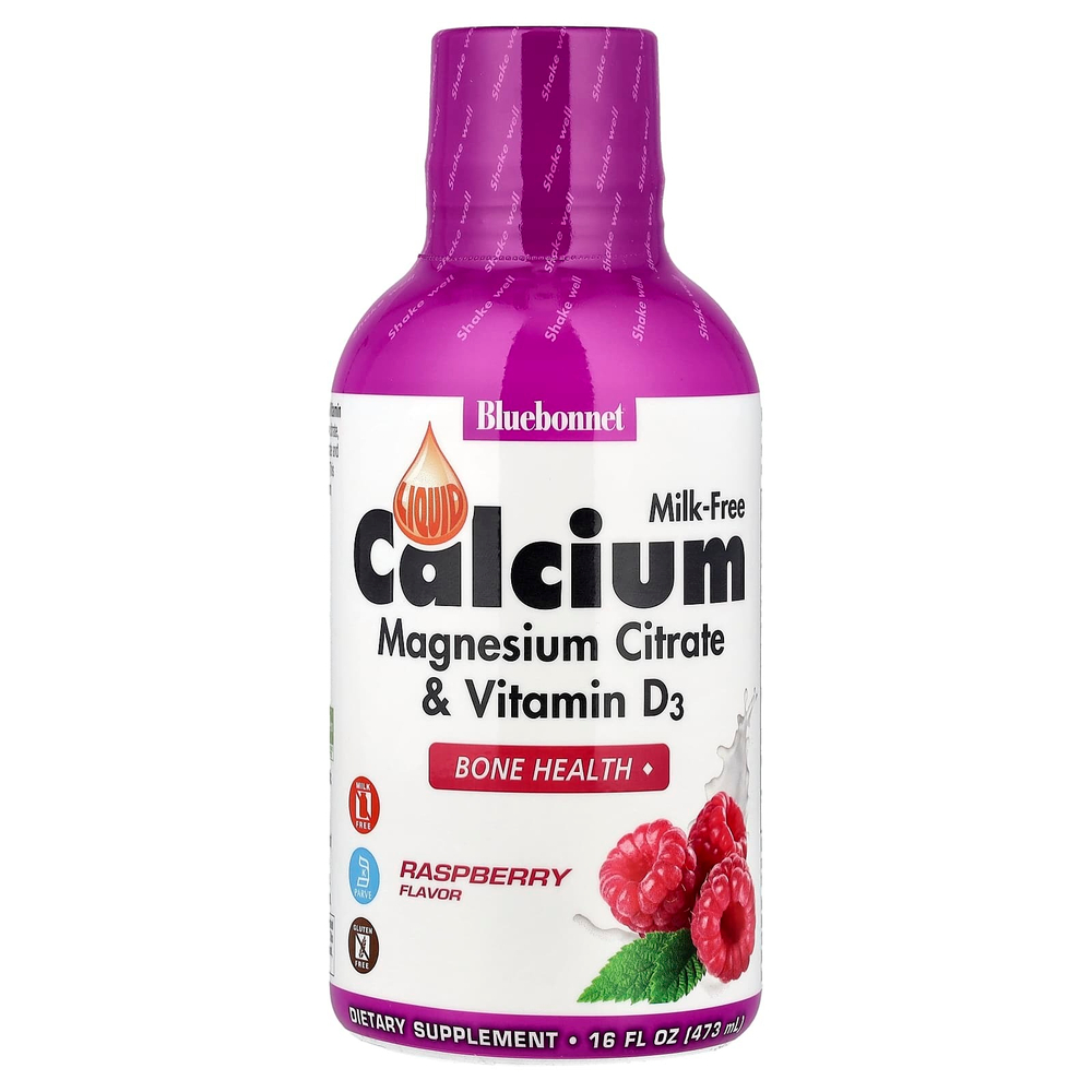 Bluebonnet Nutrition, Жидкий кальция и магния цитрат плюс витамин D3, натуральный малиновый вкус, 16 жидких унций (472 мл)