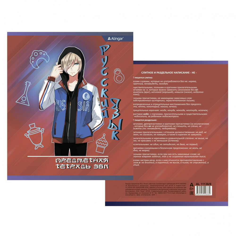 Тетрадь предметная 36л. А5 "Русский язык" со справочным материалом, скрепка, мелованный картон (стандарт), блок офсет, Alingar "Anime boys"