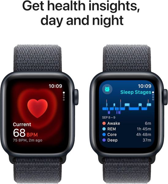 Умные часы Apple Watch SE 2024 40 мм из алюминия цвета «тёмная ночь», нейлоновый браслет темно-синего цвета