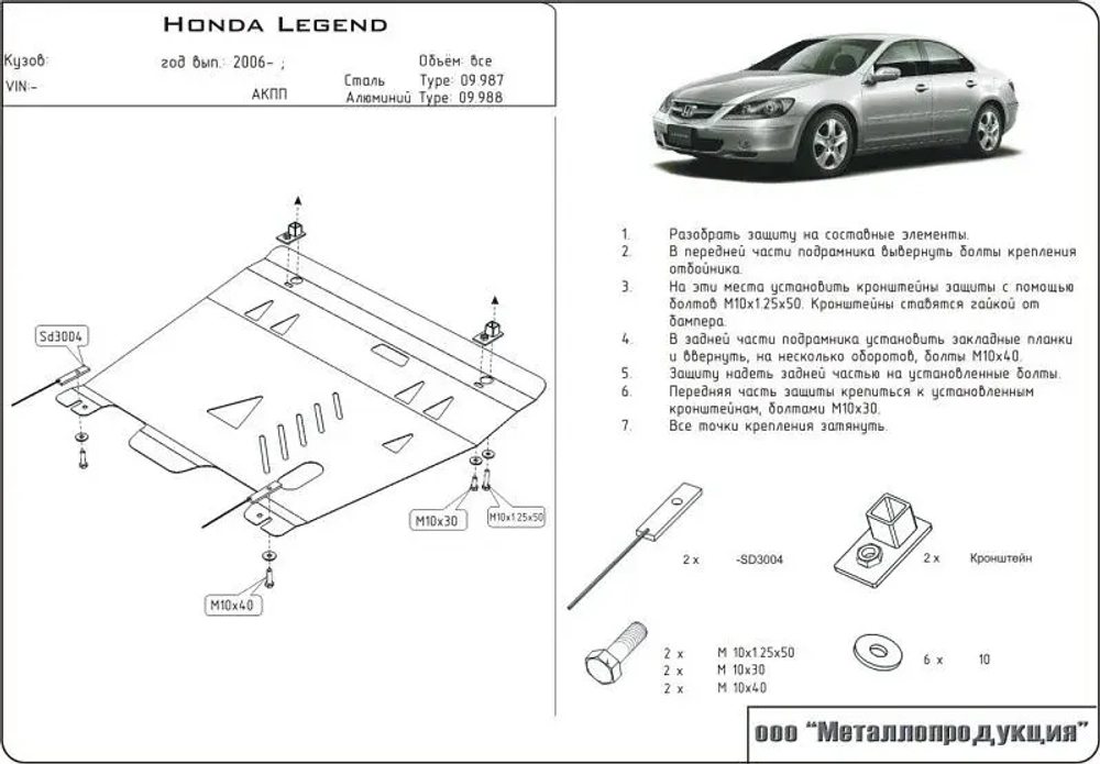 Защита картера и КПП Sheriff для Honda Legend IV (KB) 2004-2012 арт.09.0987