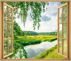 Топ Фотообои / Открытое окно с видом на лес и реку / 3д флизелиновые вертикальные на стену в комнату / 150х129
