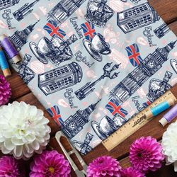 Ткань бязь корона, чай, биг-бен и великобританский флаг