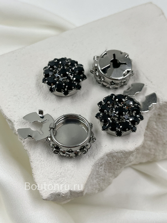 Накладка на пуговицу стразы черные в серебристом обрамлении (клипса)