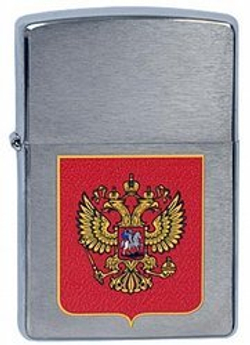 Легендарная классическая американская бензиновая широкая зажигалка ZIPPO Classic Brushed Chrome™ серебристая матовая из латуни и стали c Гербом России  ZP-200 Герб России