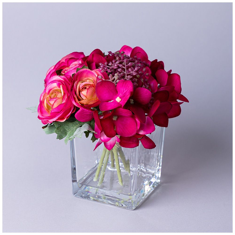 БУКЕТ ИСКУССТВЕННЫХ ЦВЕТОВ В КВАДРАТНОЙ ВАЗЕ ВЫСОТА= 16СМ (МАЛ=8ШТ./КОР=24ШТ.)