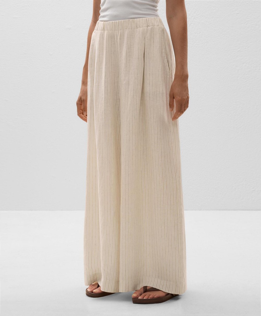 OYSHO Брюки широкие в полоску из 100% льна, светло-бежевый