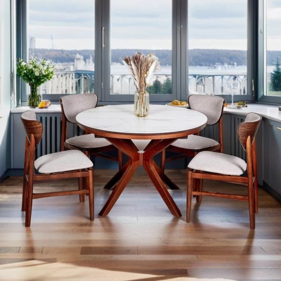 Комплект Стол VERONA 1100 CC с раздвижной круглой столешницей, керамика Snow White + 4 стула FANO-F с мягкой вставкой в деревянной спинке / Американский орех