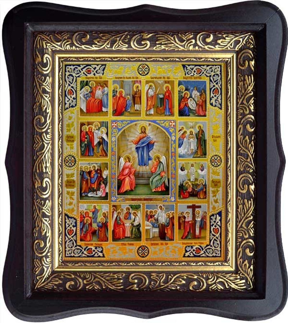 Воскресение Христово с двунадесятыми праздниками. Икона на холсте в киоте