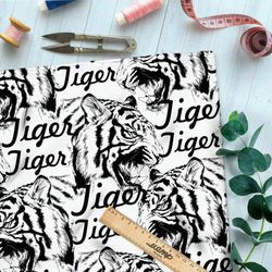 Ткань оксфорд 210 белый тигр на белом фоне с надписями