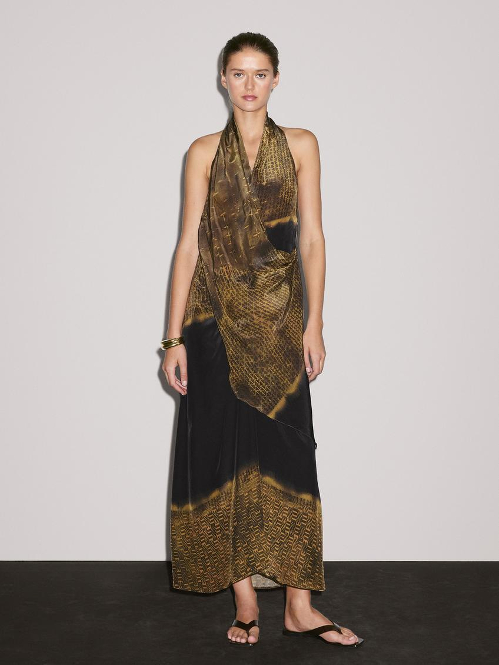 Massimo Dutti Платье миди с принтом и горловиной халтер, серый