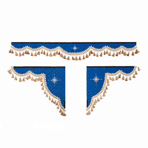 Ламбрекен 1,8м с косынками универсальные стеганые Роза Ветров (экокожа, синий, бежевые кисточки)